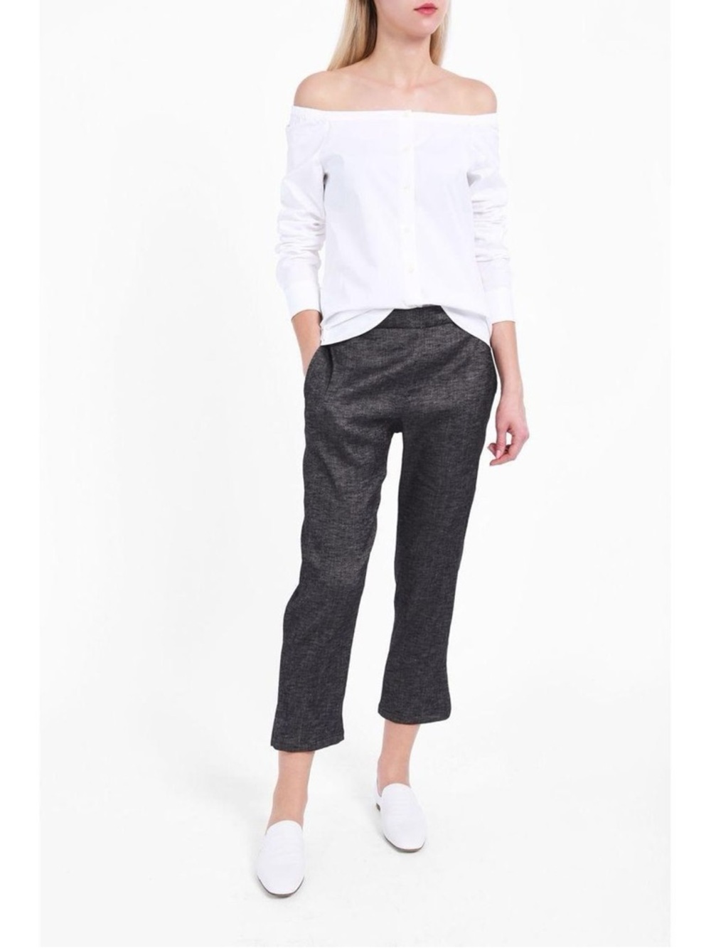 Theory Thorina Tierra Wash Linen Blend Cropped Pants Black Grey Minimal Pull On